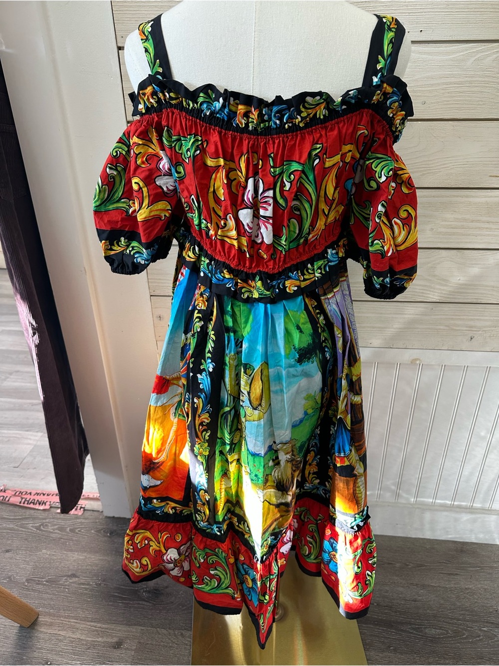 Dolce & Gabbana Sicilian Carretto Off Shoulder Cotton Midi Dress IT 40 - Picture 10 of 11